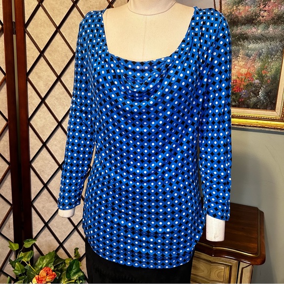 Michael Kors Blue Black White Circle Diamond Draped Neck Shirt Blouse New NWOT - Picture 5 of 10